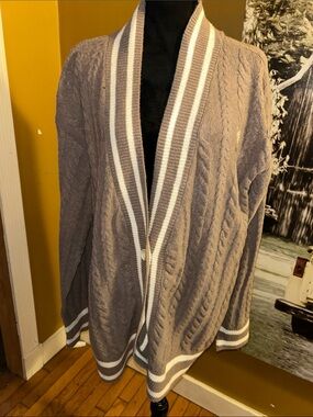 NWT Pink Cozy Taupe Cable-Knit Open Cardigan with Striped Trim